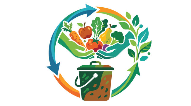 Hands holding fresh organic produce above a compost bin with vibrant circular recycling arrow icons