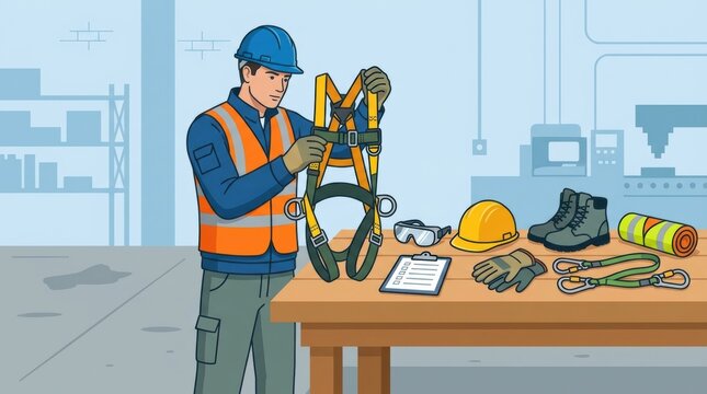 Worker inspects a safety harness and tools at a construction site during daylight. Safety measures are being reviewed for compliance.