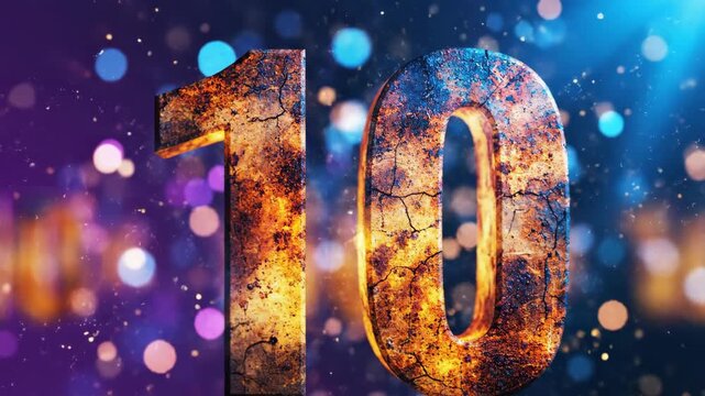 Fiery Number 10 Rises Amidst Sparkling Bokeh Lights and Dust Particles
