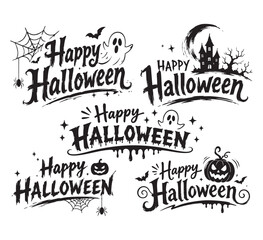 Fototapeta premium Collection of happy halloween text with spooky illustrations