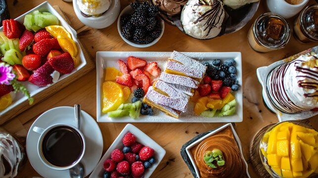 A vibrant brunch-style setup with desserts, fruits, and coffee on a wooden table in a lively composition