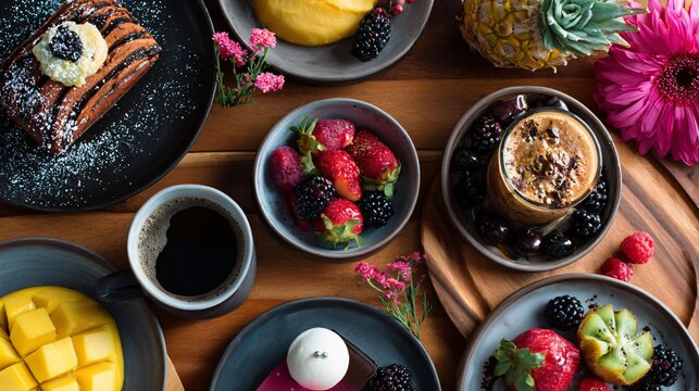 A vibrant brunch-style setup with desserts, fruits, and coffee on a wooden table in a lively composition