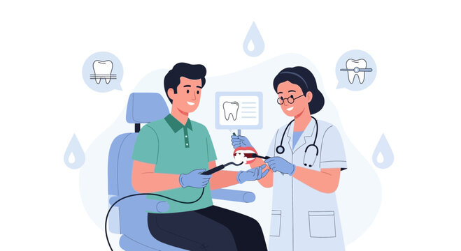 Dentist Treating Patient in Chair - Dental Health Care Concept Illustration