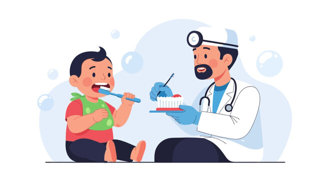 Dentist teaching child to brush teeth, vector illustration, hygiene concept