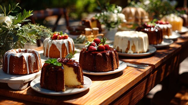 A vibrant outdoor dessert setup with cakes served on a wooden table under bright sunlight