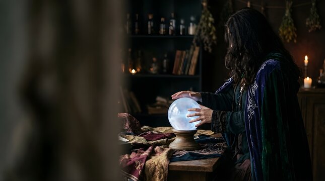 A woman in a velvet cloak gazes into a glowing crystal ball in a study.