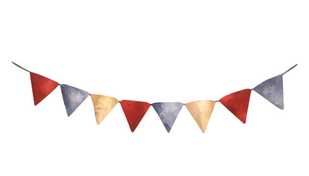 Circus. Watercolor hand-drawn illustration with circus triangular multicolored bunting. Cute circus theme drawings for kids. For design baby shower, birthday and nursery.
