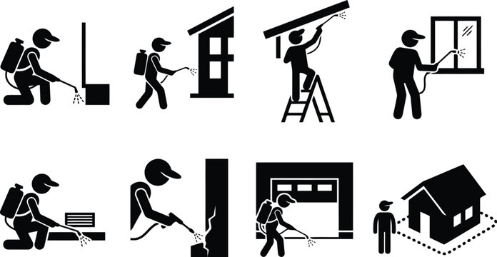 Pest Control Service Worker Spraying Insecticide Pictogram Vector Icon Set for Exterminator Websites, Home Maintenance & Sanitation Services (EPS)