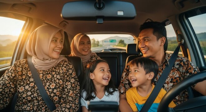 Indonesian family smiling on road trip returning from Eid al-Adha holiday, mudik travel lifestyle on toll road
