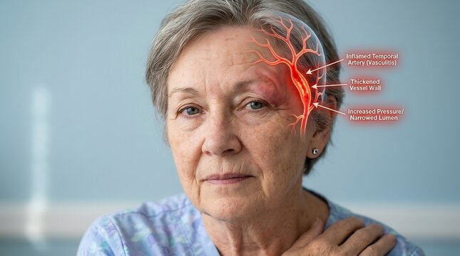 Patient displays symptoms of temporal arteritis as a digital illustration clearly outlines the artery inflammation and blood flow restriction causing her significant cranial discomfort.