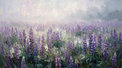 Naklejka premium Impressionist Oil Painting of Misty Oregon Lupine Wildflower Fields