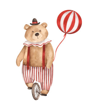 Circus. Watercolor hand-drawn illustration with circus bear in the suit on the unicycle with red and white balloon. Cute circus theme drawings for kids. For design baby shower, birthday and nursery.