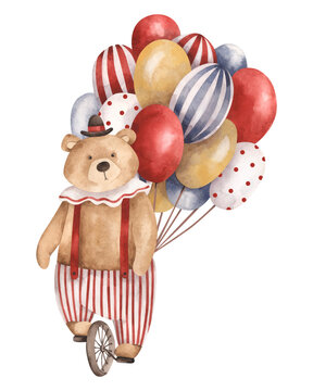 Circus. Watercolor hand-drawn illustration with circus bear on the unicycle with bunch of multicolored balloons. Cute circus theme drawings for kids. For design baby shower, birthday and nursery.