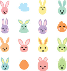 Fototapeta premium Colorful bunny rabbit heads and carrot illustration set isolated on transparent background
