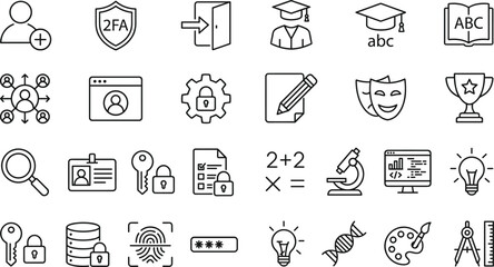 Naklejka premium Education and Technology Line Icons Set Featuring Learning, Security, Science, Creativity, and Innovation Concepts for Academic Design