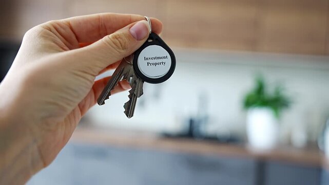 Woman holding house keys with investment property keychain inside modern apartment interior. Real estate investment and property ownership concept for passive income and wealth building