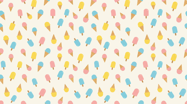 A sweet flat design seamless background featuring a playful, repeating pattern of geometric ice cream cones and popsicles in soft pastel colors. 