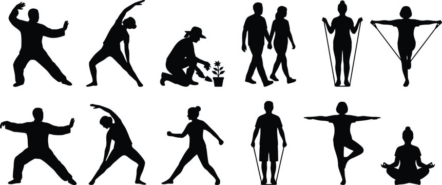 Silhouette illustrations of people doing yoga and exercises