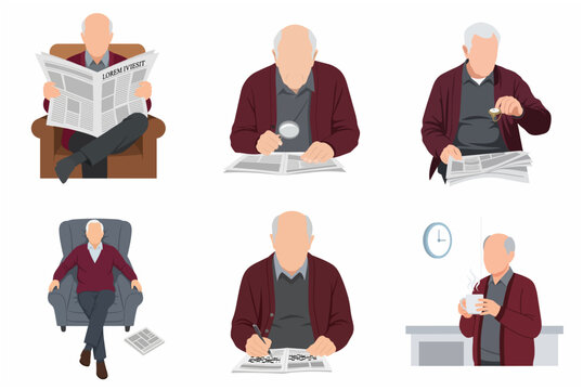 Elderly man character set engaged in daily routines and leisure activities like reading newspaper, doing crosswords, and drinking coffee. Vector illustration of senior male lifestyle.