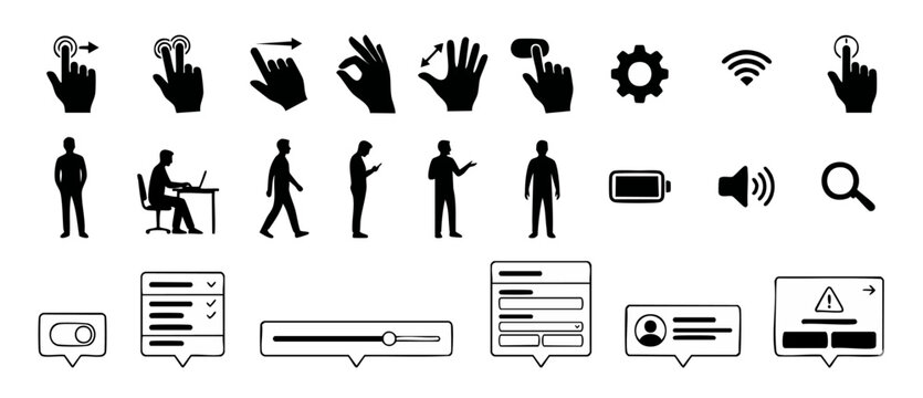 Touch gestures people UI elements vector icon set for mobile app wireframe design, featuring hand silhouettes, user profile, settings, web page navigation tooltips and buttons on white background.