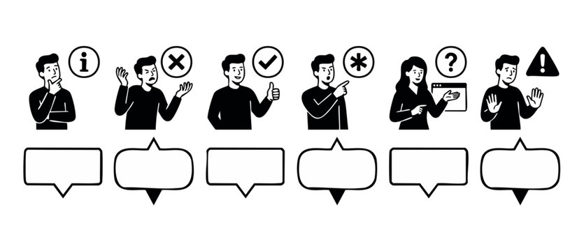 Customer feedback character vector set showing diverse emotions and speech bubbles for UI UX design. Help center support, QA, warning, error, info icons isolated on white background. faq template kit.