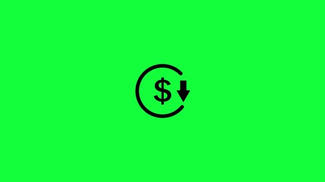 Decrease icon for Reduce cost sign concept with dollar and down arrow animation on a green background. Dollar rate up to down looped sign and symbol icon animation concept