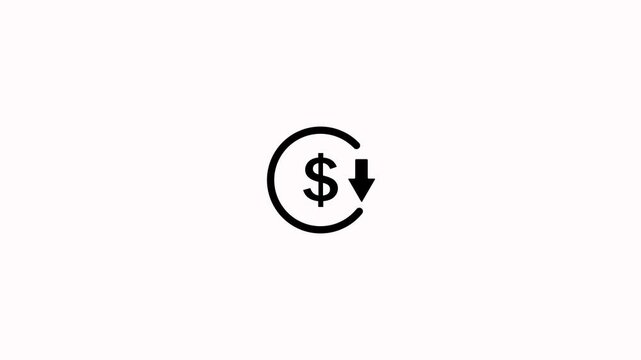 Decrease icon for Reduce cost sign concept with dollar and down arrow animation on a white background. Dollar rate up to down looped sign and symbol icon animation concept
