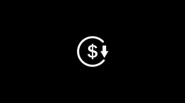 Decrease icon for Reduce cost sign concept with dollar and down arrow animation on a black background. Dollar rate up to down looped sign and symbol icon animation concept