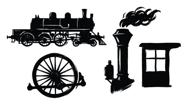 Black train and parts silhouettes on transparent background vector