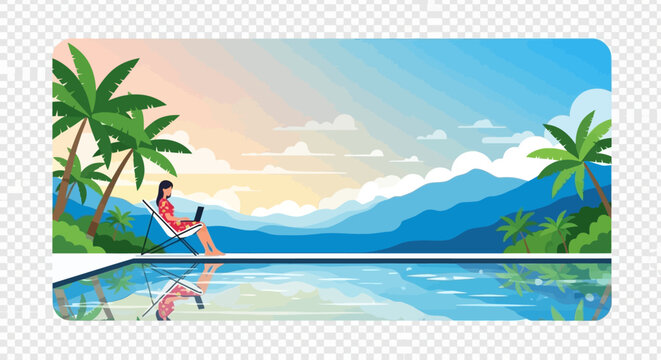 Woman relaxes in a lounge chair by a swimming pool while using a laptop computer during a tropical vacation.