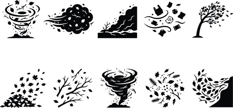 Wind Storm and Tornado Weather Icon Set Vector for Meteorological Reports, Environmental Education & Disaster Prevention Awareness (EPS)