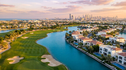 Obraz premium Dubai Luxury Villas Golf Course Canal and Stunning City Skyline