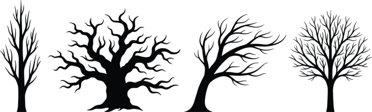 Vector silhouette set of bare and leafless trees in minimalist style for seasonal, nature, landscape, and environmental design projects