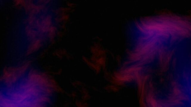 Abstract clouds of dark purple and red smoke flowing against black void. Cinematic gaseous vapor movement for motion graphics and creative background overlay effect.