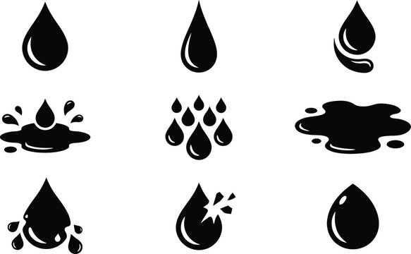 Black Water Liquid Drop and Splash Silhouette Vector Icon Set for Environmental Conservation, Plumbing Services & Industrial Oil Branding (EPS)