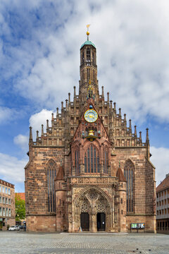 Gothic facade of Frauenkirche Church on Main Market square in Nuremberg, Germany. Exterior view, historic medieval style