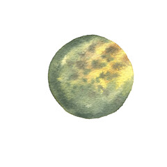 Watercolor illustration of a planet, meteorite, moon, and outer space. © Violetta
