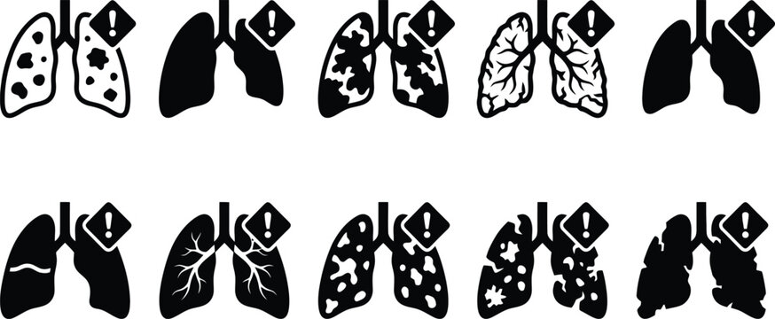 Human Lungs Disease and Cancer Warning Icon Set Vector for Medical Education, Healthcare Infographics & Pulmonary Health Awareness (EPS)
