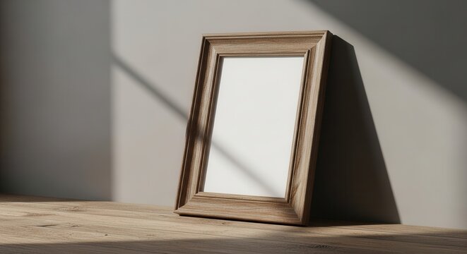 Empty wooden picture frame casting a shadow on a textured surface with sunlight.