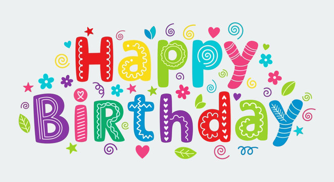 Colorful birthday celebration with decorative letters and swirls on a white background