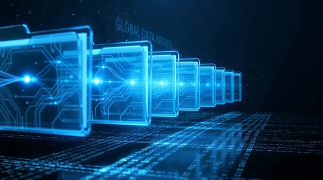 Row of glowing blue digital folders with circuit patterns representing data storage and technology.