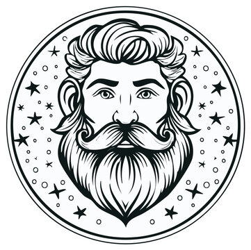 Detailed line art drawing of a bearded man's face with stars in a circle perfect for logos and designs