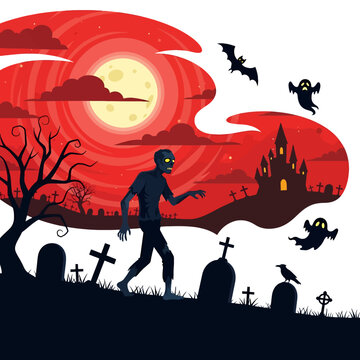 A scary zombie walks through a dark graveyard under a red moon