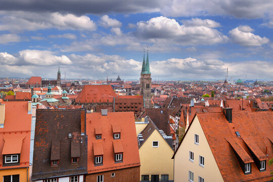Panoramic view of Nuremberg old town from the castle wall in Germany. Exterior layout, horizontal landscape orientation