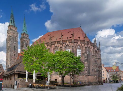 Gothic choir and apse facade of St. Sebaldus Church in Nuremberg, Germany. Exterior view, medieval architecture style