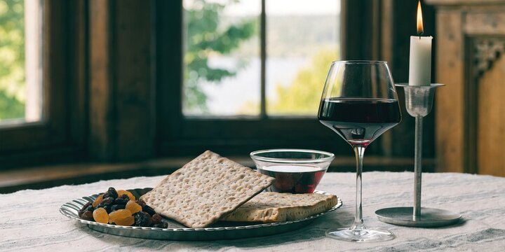 Passover Seder plate with matzah egg herbs and wine traditional Jewish holiday meal