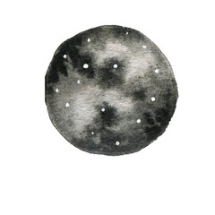 Watercolor illustration of a planet, meteorite, moon, and outer space. © Violetta