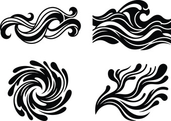 Fototapeta premium Group of four conceptual black fluid flowing shapes and water splash vector illustrations for various visual designs.