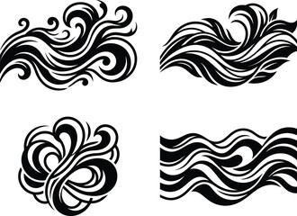 Fototapeta premium Assortment of four non-representational black and white vector illustrations depicting swirling wind and flowing water currents.