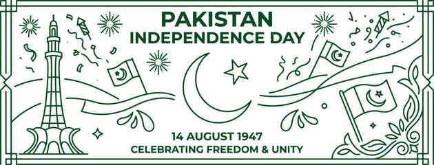 Obraz premium Pakistan independence day linear banner with minarepakistan and festive elements